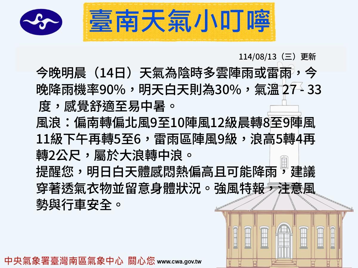 -臺南市天氣(每日18~19時更新)- 不管天晴天雨，我們都值得擁有好心情！中央氣象署南區氣象中心 關心您！