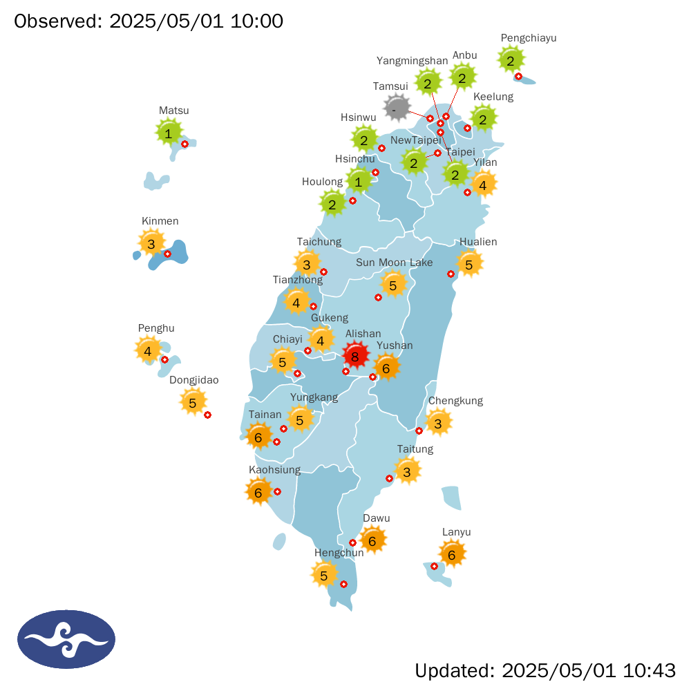 Taiwan UVI map for current UV index