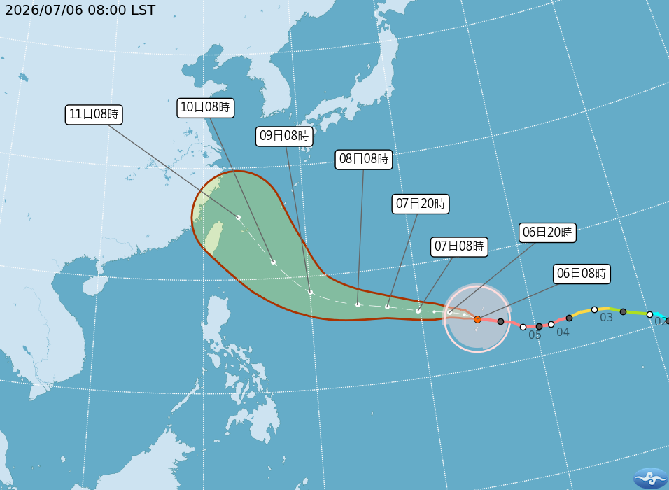 中央氣象署2026年7月6日08時強烈颱風巴威路徑潛勢圖
