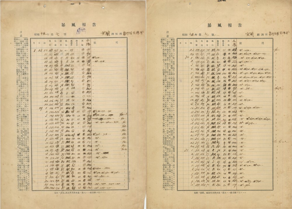 1940年第7號暴風報告(8月28日至9月1日編號B164颱風)，此為宜蘭測候所飛行場出張所設站第一份報告。點此顯示大圖(彈出視窗)