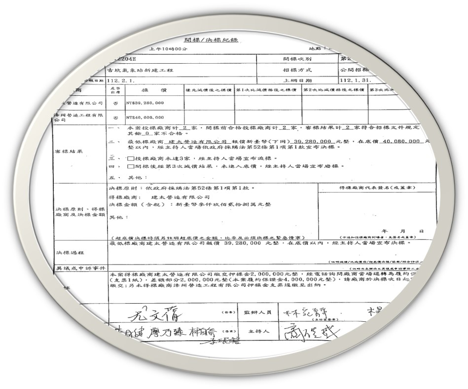 2023年2月8日古坑氣象站站區第14次決標單。點此顯示大圖(彈出視窗)