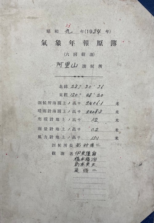 1934年年報原簿。封面有阿里山觀象所經緯度、海拔、儀器設置高度、日人站員名字。點此顯示大圖(彈出視窗)