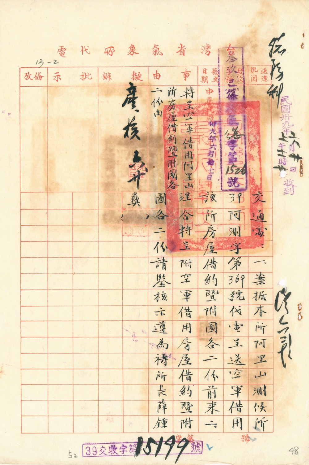 1950年空軍借用「阿里山測候所」呈核案。點此顯示大圖(彈出視窗)