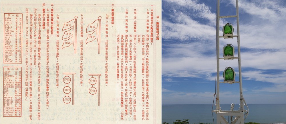 左圖為1981年6月12日颱風警報單背面頁，右圖為颱風警報信號燈(攝於2022年6月)。點此顯示大圖(彈出視窗)