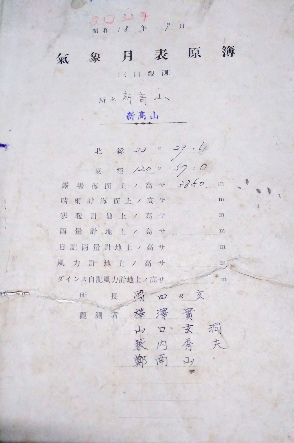 1943年新高山測候所第一任所長及職員資訊。點此顯示大圖(彈出視窗)
