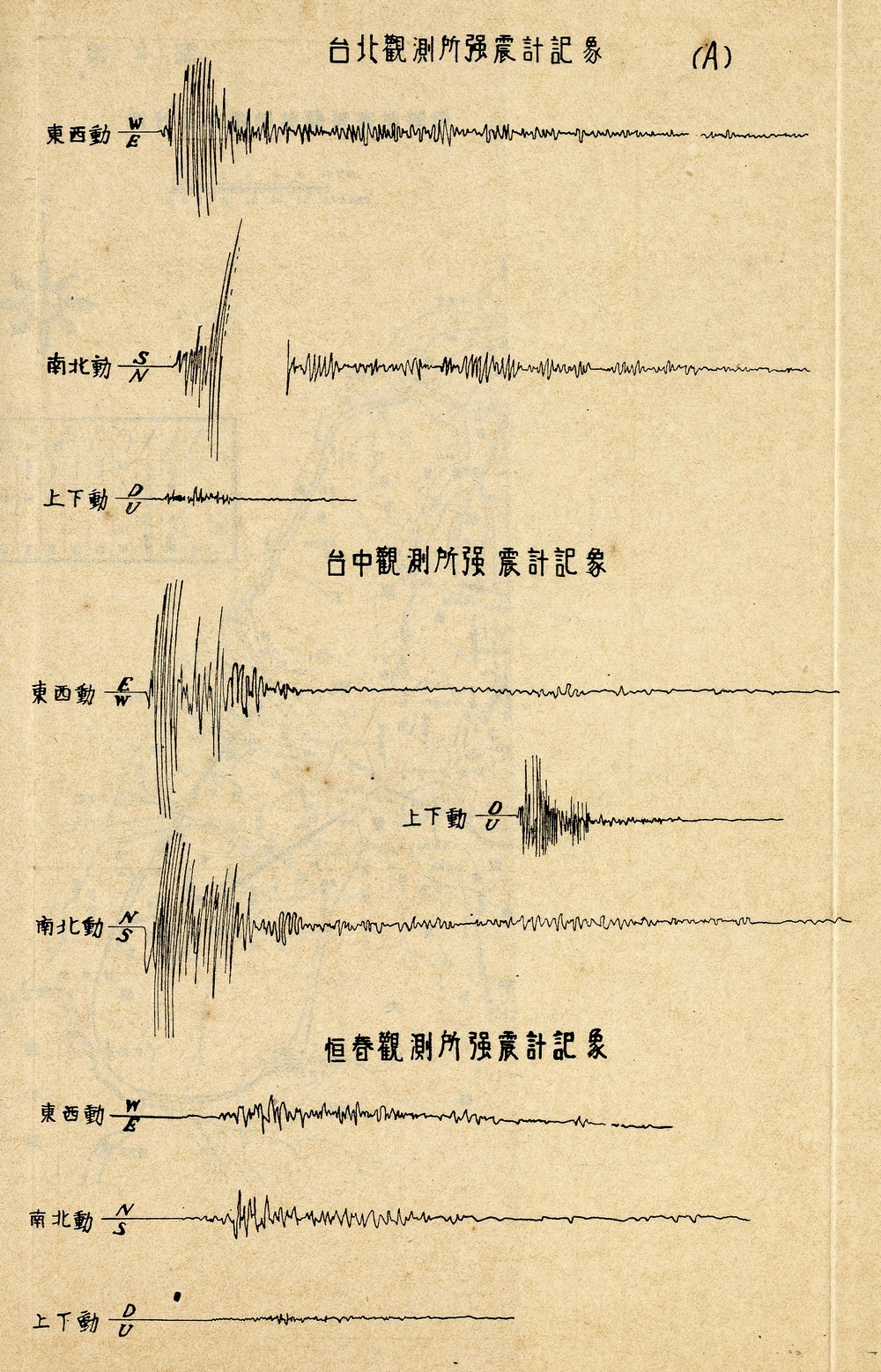 1935年4月21日臺北、臺中、恆春等測候所對於這次地震的強震計象。點此顯示大圖(彈出視窗)