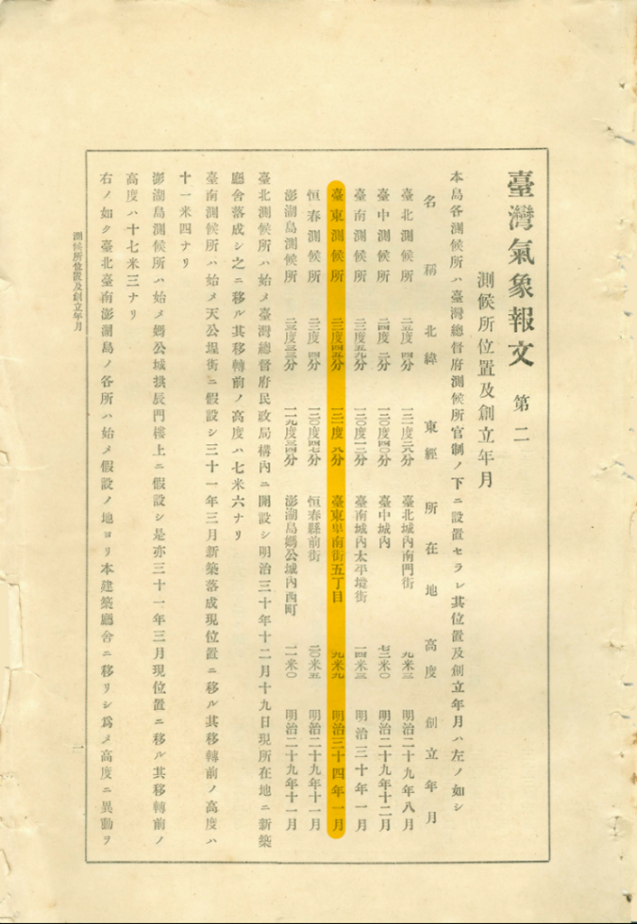 1901年1月1日臺東測候所於臺東廳內成立。點此顯示大圖(彈出視窗)