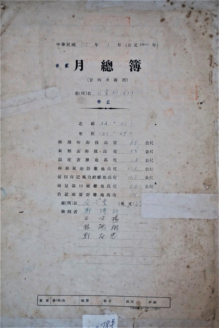 1948年臺東月總簿，標題載明「廿四次觀測」可見更改為一日24次觀測。點此顯示大圖(彈出視窗)