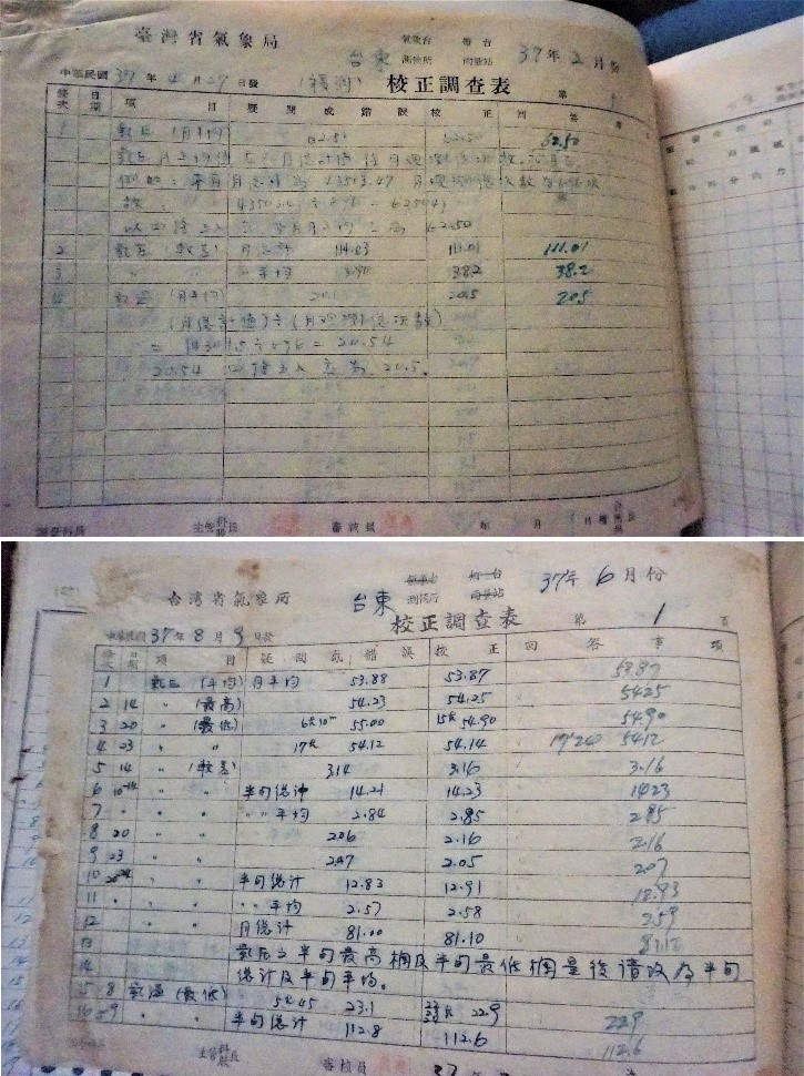 1948年2月及6月之校正調查表，可見由原本的「臺灣省氣象局」改制為「臺灣省氣象所」。點此顯示大圖(彈出視窗)