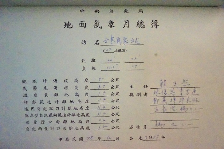 1989年之地面氣象月總簿，站名改稱「中央氣象局臺東氣象站」。點此顯示大圖(彈出視窗)