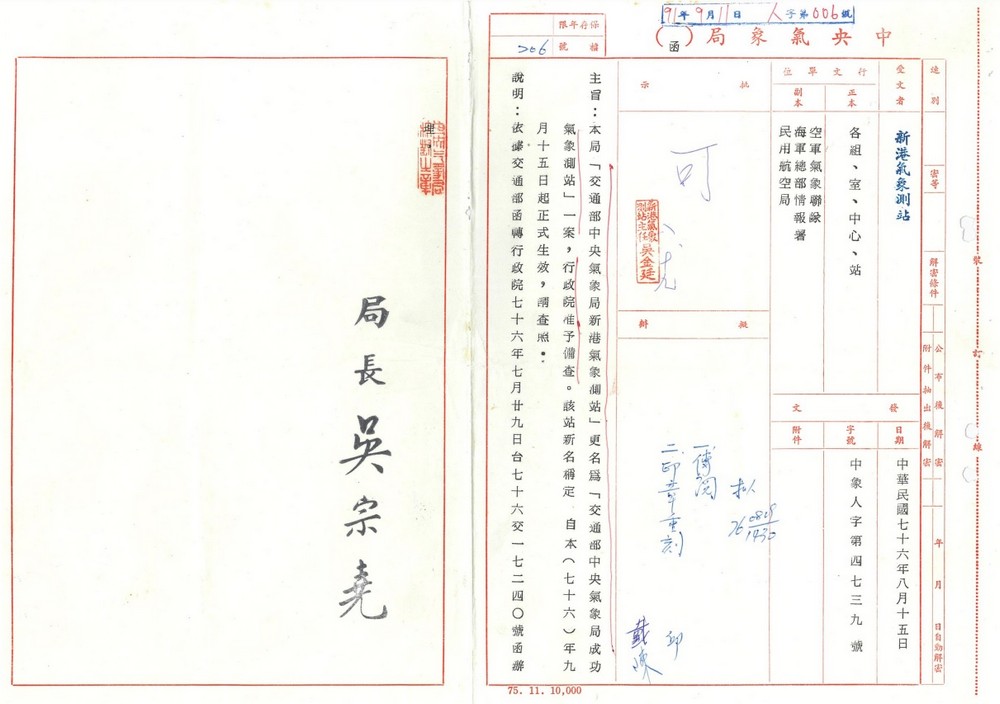 1987年9月15日，奉命將本站改為「中央氣象局成功氣象測站」。點此顯示大圖(彈出視窗)