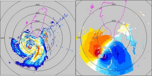2001年6月22日奇比颱風雷達觀測圖(左為回波、右為逕向速度場)。點此顯示大圖(彈出視窗)