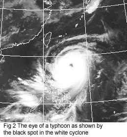 The eye of a typhoon as shown by the black spot in the white cyclone