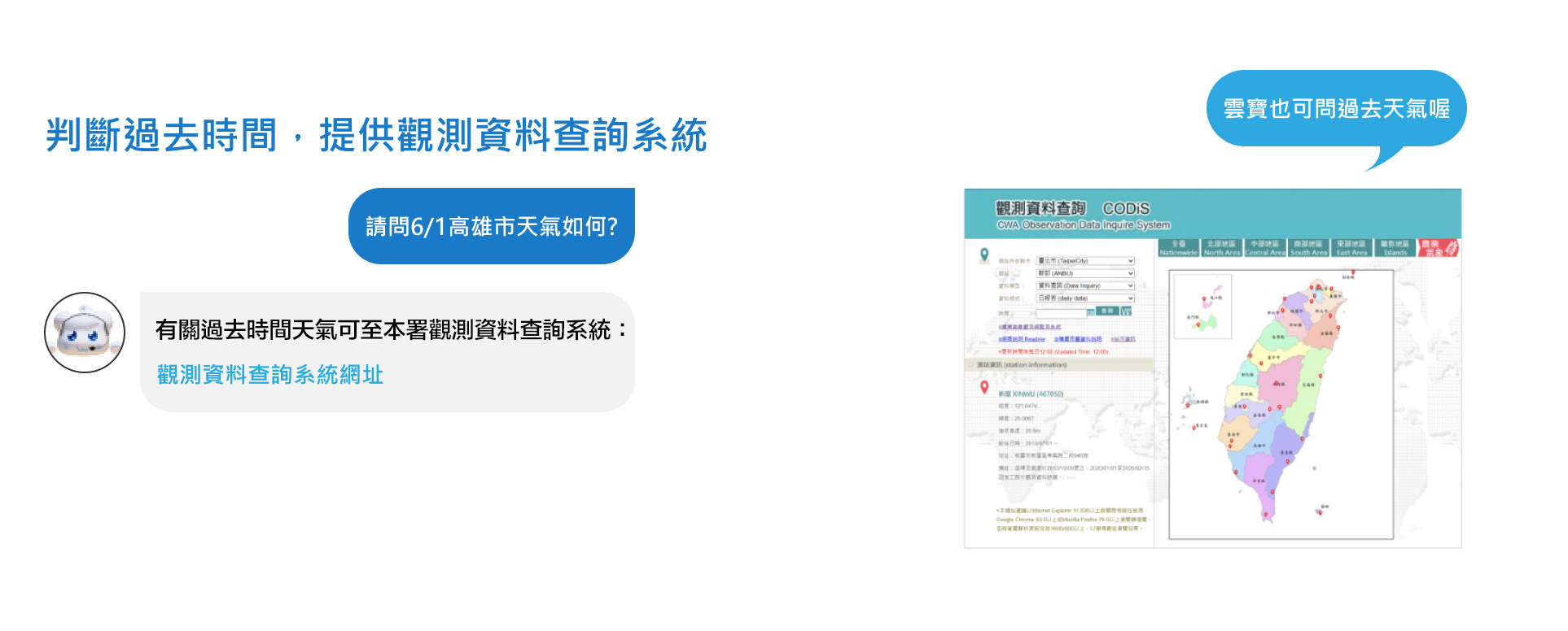 雲寶問天氣說明截圖－判斷過去時間，提供觀測資料查詢系統