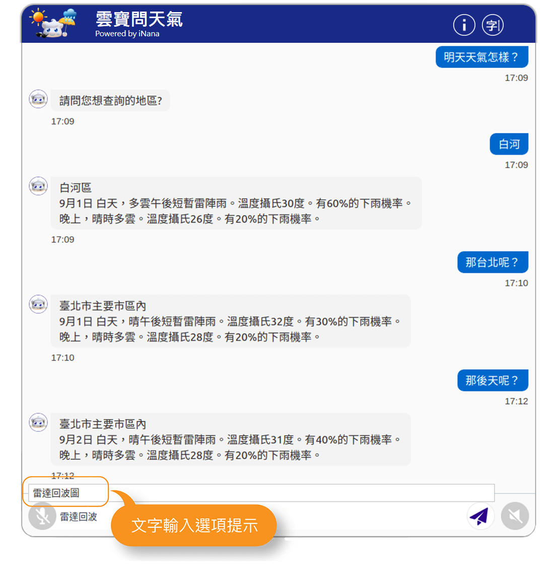 文字輸入時會出現相關選項提示框示意圖